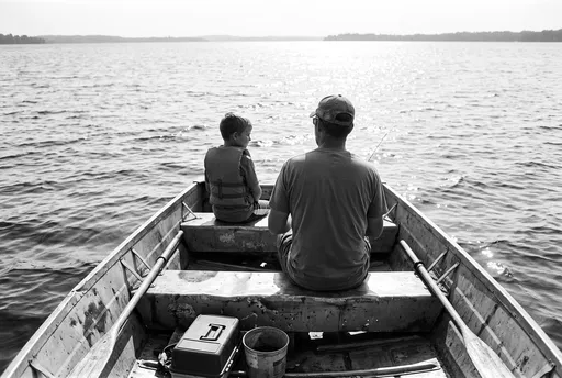 Father and Son in Aluminum Rowboat