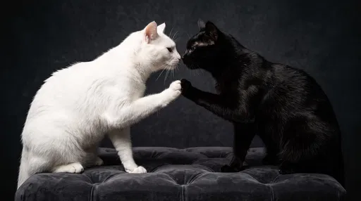 White and Black Cats Touching Paws