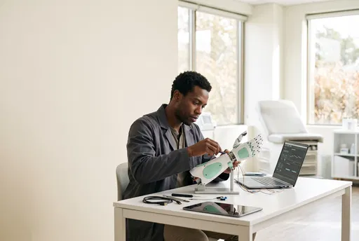 Biomedical Engineer Calibrating Bionic Prosthetic Hand