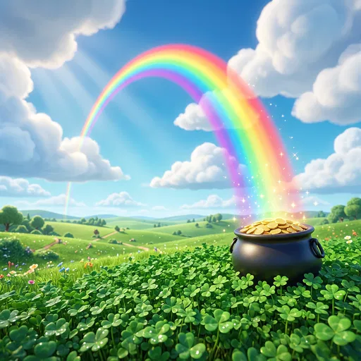 Pot of Gold Under Rainbow in Clover