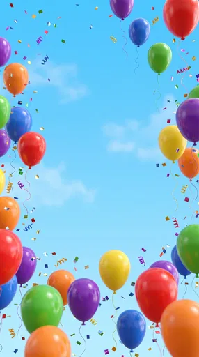 Colorful Balloons and Confetti in Blue Sky