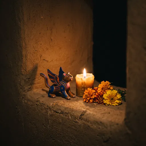 Wooden Alebrije With Candle and Marigolds