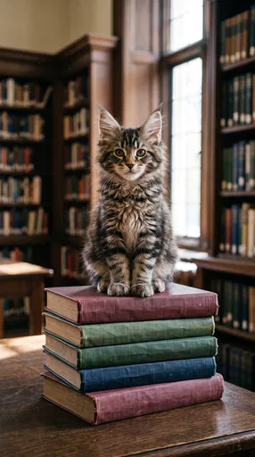 Maine Coon Kitten on Library Books