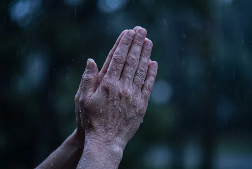 Wet Praying Hands in Blue Hour Rain