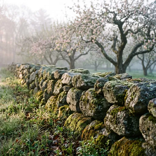 Mossy Stone Wall in Misty Apple Orchard