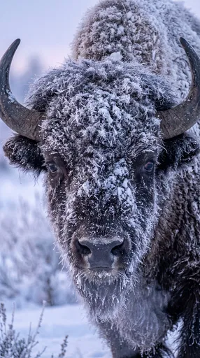 Frost Covered Bison Portrait in Winter