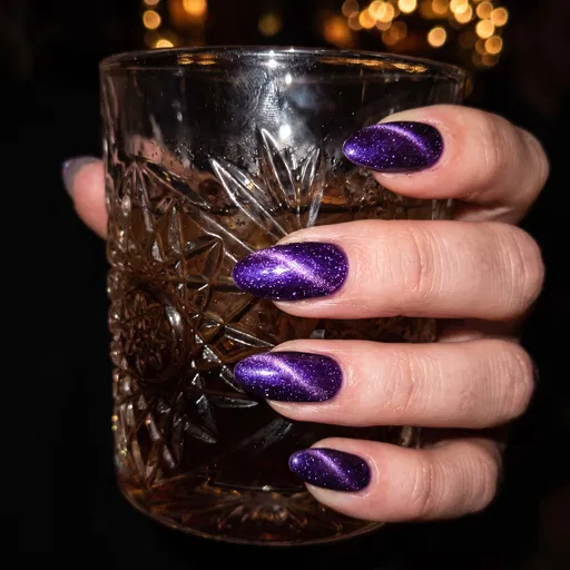 Hand With Purple Cat-Eye Nails Holding Glass