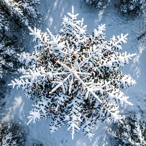 Aerial View of Snowy Christmas Tree