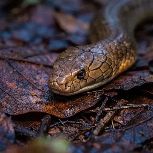 Close-Up of King Cobra on Wet Leaves