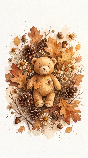 Watercolor Teddy Bear in Autumn Foliage