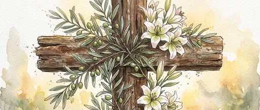 Watercolor Wooden Cross with Lilies and Olive