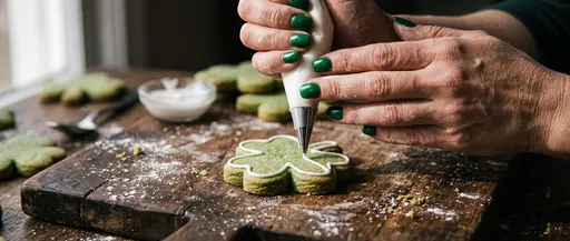 Hands Piping Icing on Shamrock Cookie
