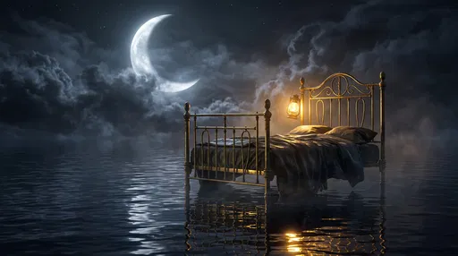 Brass Bed Floating on Night Ocean