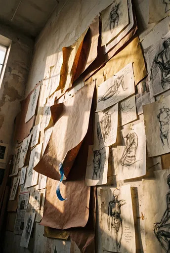 Sunlit Studio Wall With Charcoal Sketches