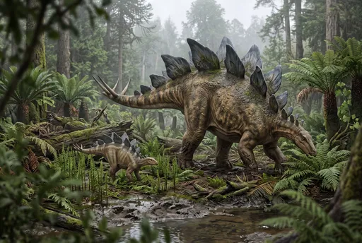 Adult and Juvenile Stegosaurus in Prehistoric Forest