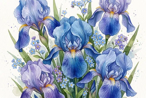 Blue Iris and Forget-Me-Not Watercolor Illustration
