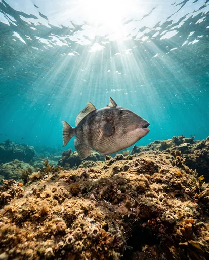 Grey Triggerfish Swimming Over Sunlit Reef
