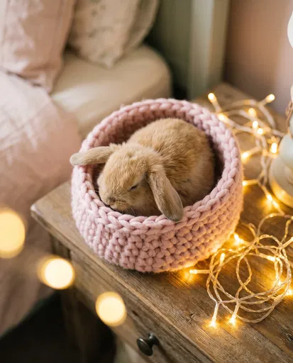 Sleeping Bunny in Pink Knit Basket