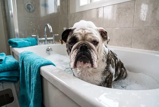 Grumpy English Bulldog in Bubble Bath