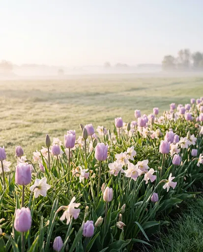 Misty Morning Meadow With Pastel Tulips