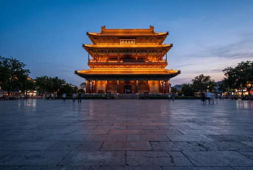 Illuminated Chinese Tower At Blue Hour