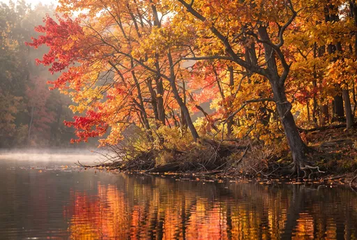 Autumn Trees Reflecting in Calm Misty Lake