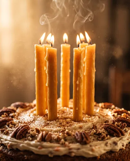 Burning Beeswax Candles on Pecan Carrot Cake