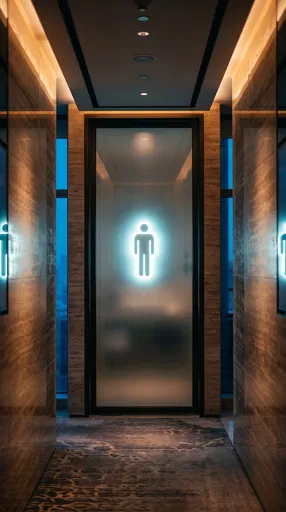 Glowing Men's Restroom Sign on Glass Door