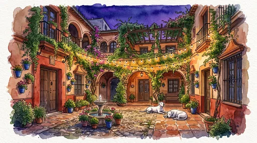 Watercolor Courtyard At Night With White Dogs
