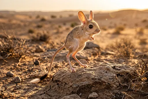 Alert Jerboa Standing on Desert Rock