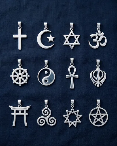 Twelve Silver Religious Symbol Pendants on Navy