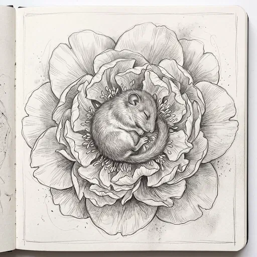 Pencil Sketch of Dormouse Sleeping in Peony