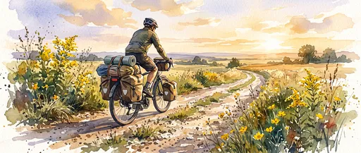 Watercolor Touring Cyclist on Country Lane