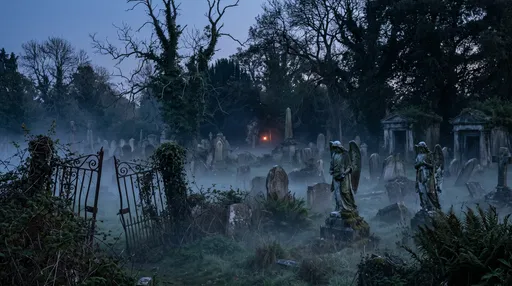 Misty Overgrown Cemetery at Blue Hour