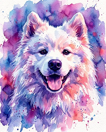 Watercolor Portrait of Smiling Samoyed Dog