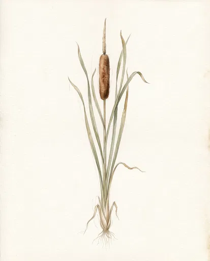 Botanical Watercolor Illustration of Cattail Plant