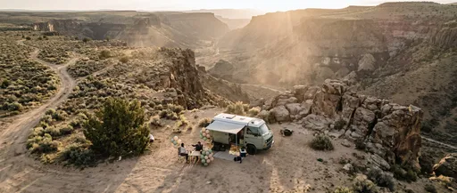 Aerial Sunrise Desert Canyon Camper Van Celebration