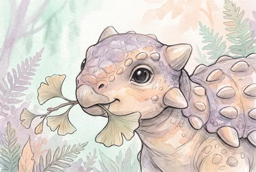 Watercolor Baby Ankylosaurus Eating Ginkgo Leaves