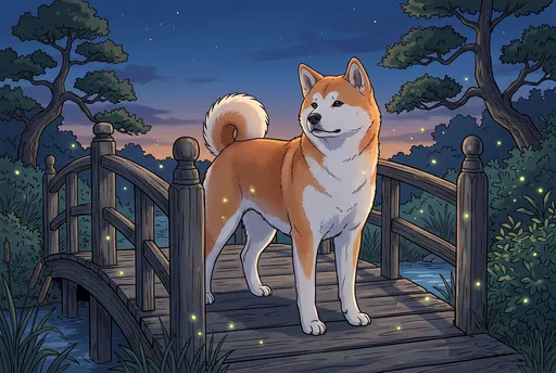 Anime Akita Dog on Dusk Bridge