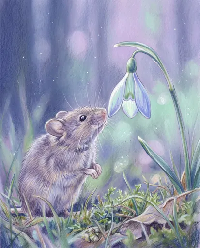 Mouse Sniffing Snowdrop Flower Illustration