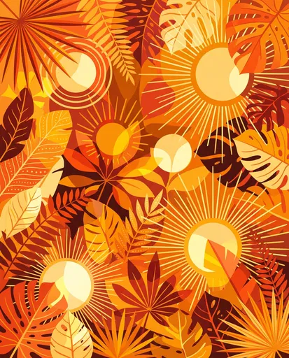 Amber Tropical Leaves and Sun Illustration