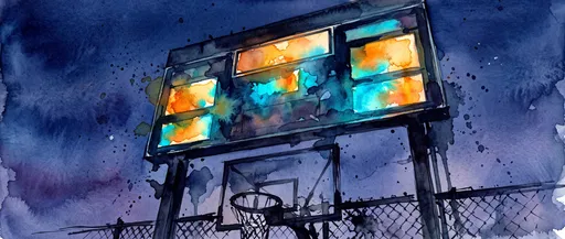 Watercolor Streetball Scoreboard and Hoop at Dusk