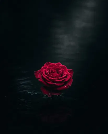 Crimson Rose Emerging From Dark Water