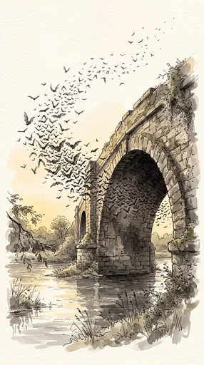 Bats Emerging From Stone Bridge Illustration