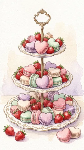 Watercolor Tiered Stand With Heart Macarons