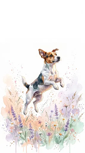 Watercolor Jack Russell Terrier Jumping Over Wildflowers