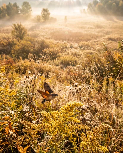 Hummingbird Hawk-Moth in Golden Autumn Meadow