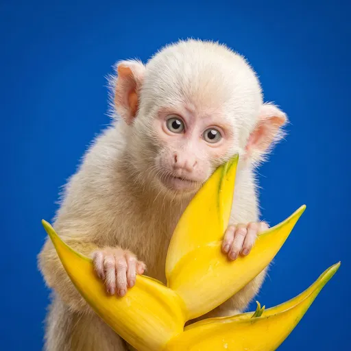 Albino Monkey Peeking Over Yellow Flower