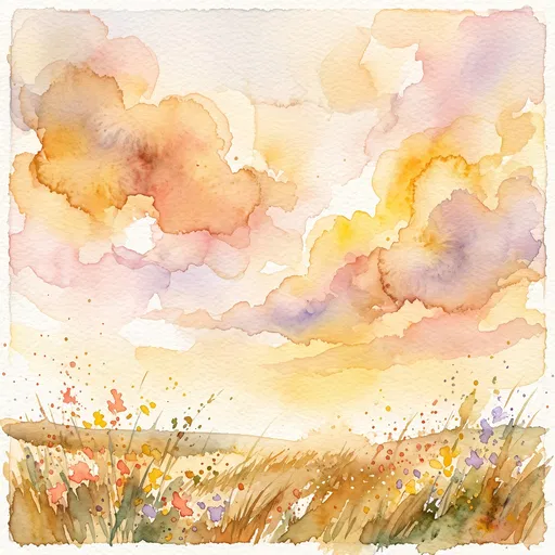 Watercolor Sunset Clouds Over Wildflower Meadow