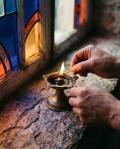 Hands Lighting Brass Oil Lamp